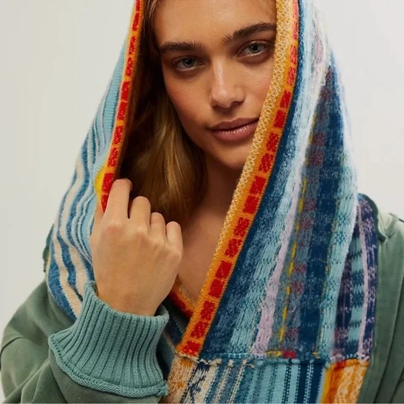 NWT Free People February Sweatshirt teal combo xL green sweater hood - Picture 2 of 5